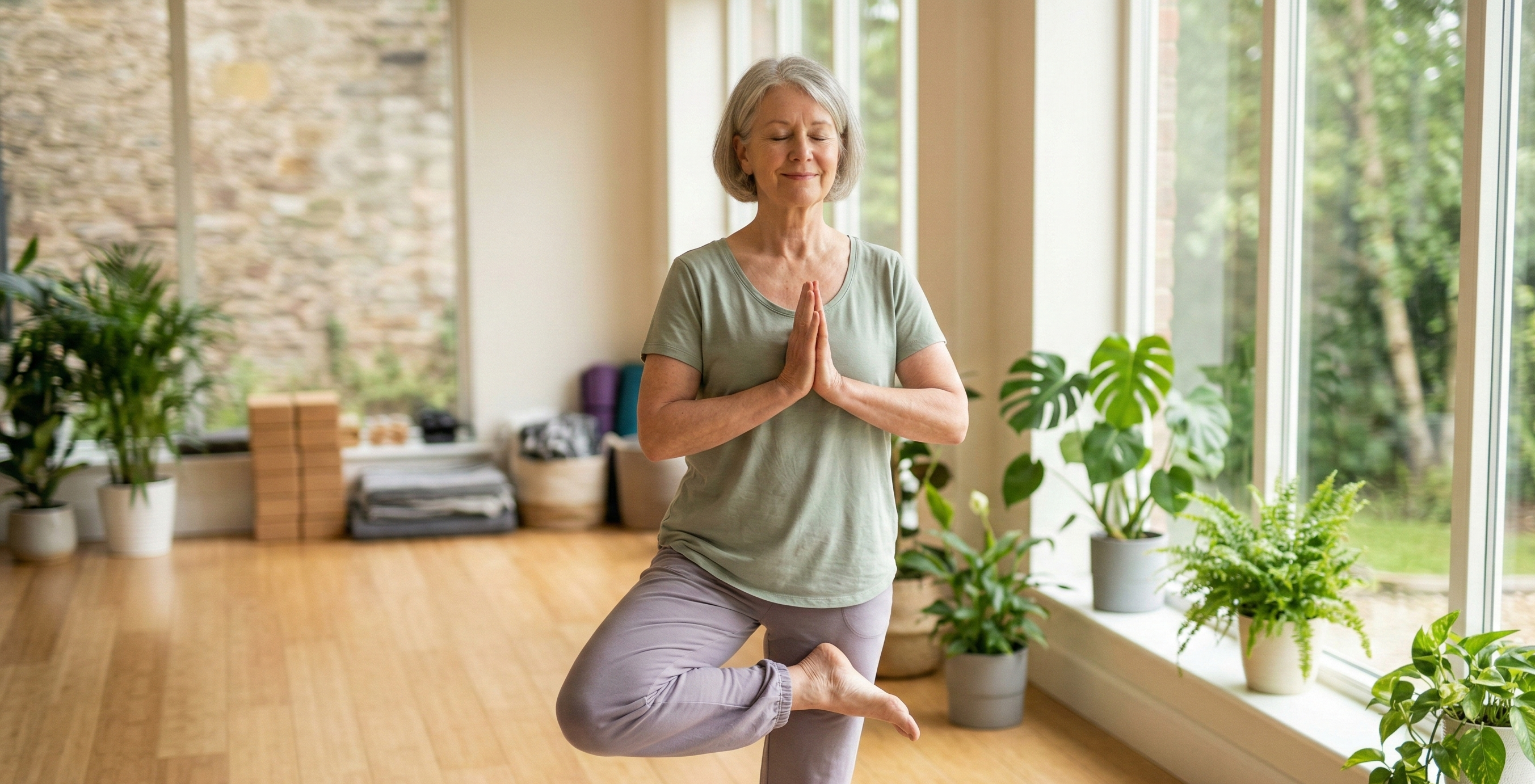 Senior practicing yoga in peaceful environment